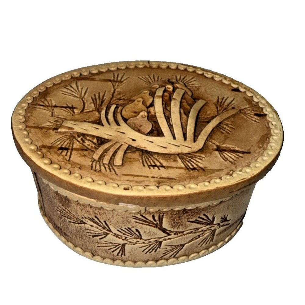 Handcrafted Russian Birchbark • Floral Carving • Small Oval Keepsake/Jewelry Box